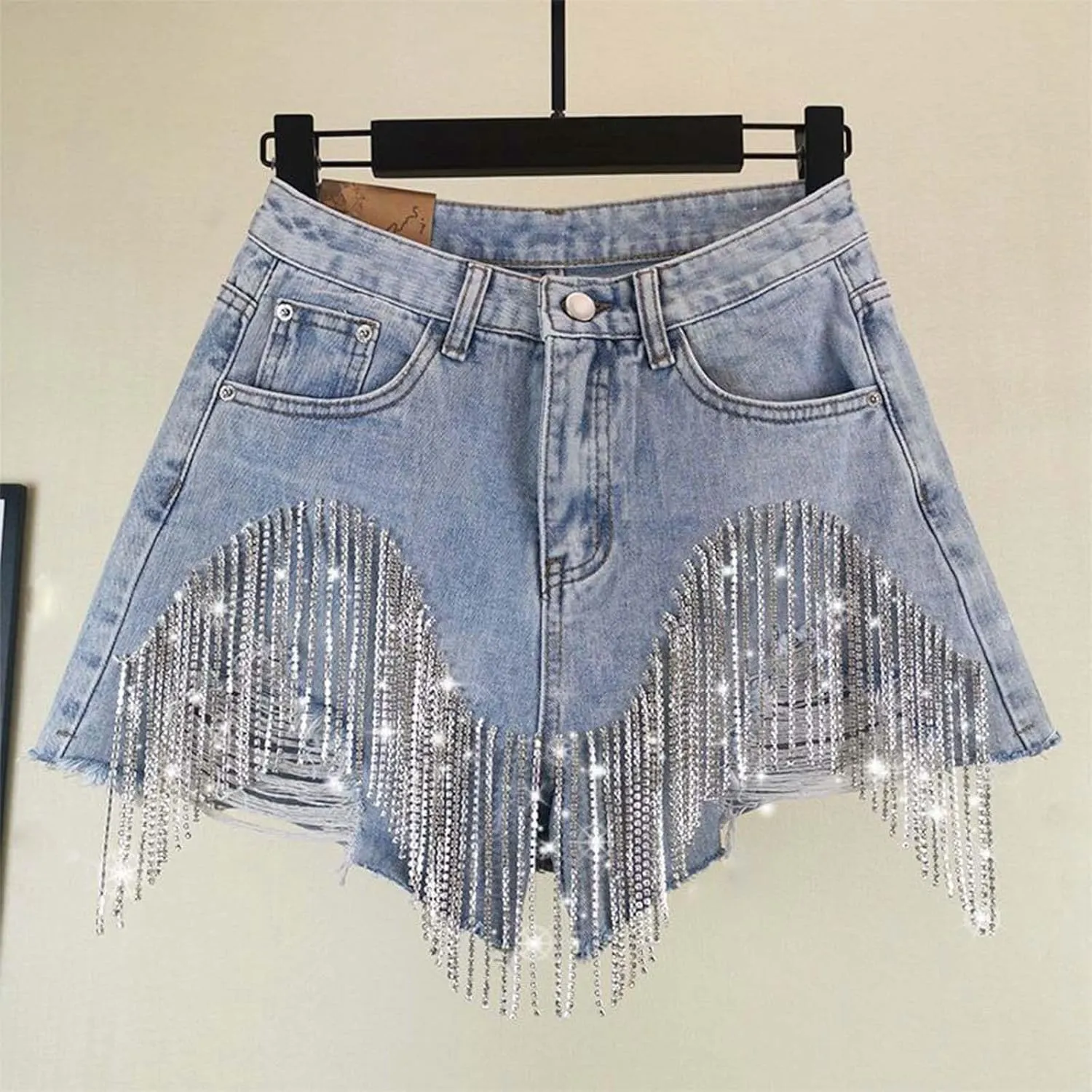 Jean Shorts Womens High Waisted Ripped Rhinestone Pearl Beaded Fringe Tassel Denim Shorts Raw Hem Frayed with Pockets