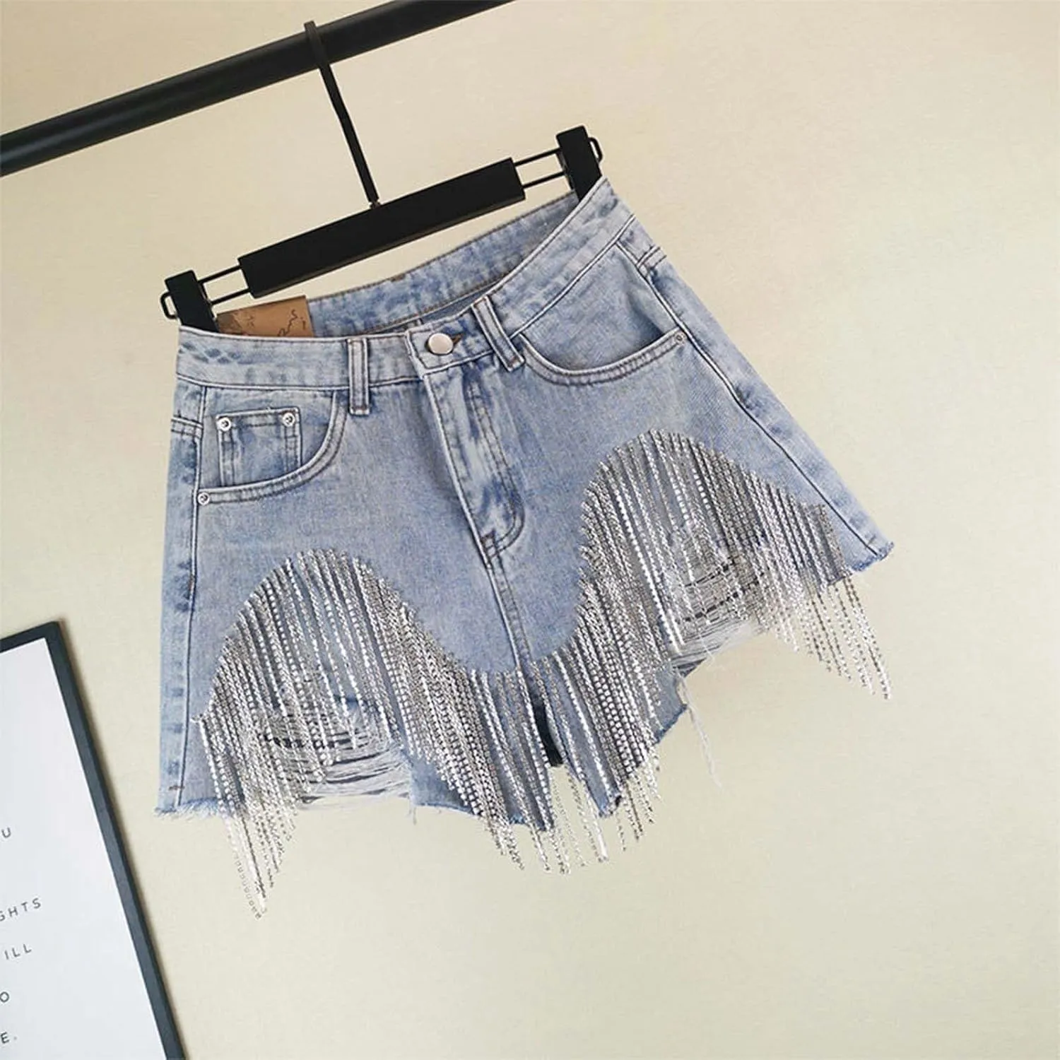 Jean Shorts Womens High Waisted Ripped Rhinestone Pearl Beaded Fringe Tassel Denim Shorts Raw Hem Frayed with Pockets
