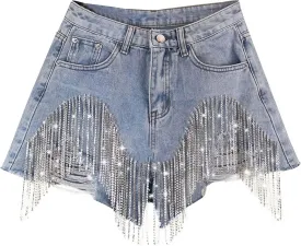 Jean Shorts Womens High Waisted Ripped Rhinestone Pearl Beaded Fringe Tassel Denim Shorts Raw Hem Frayed with Pockets