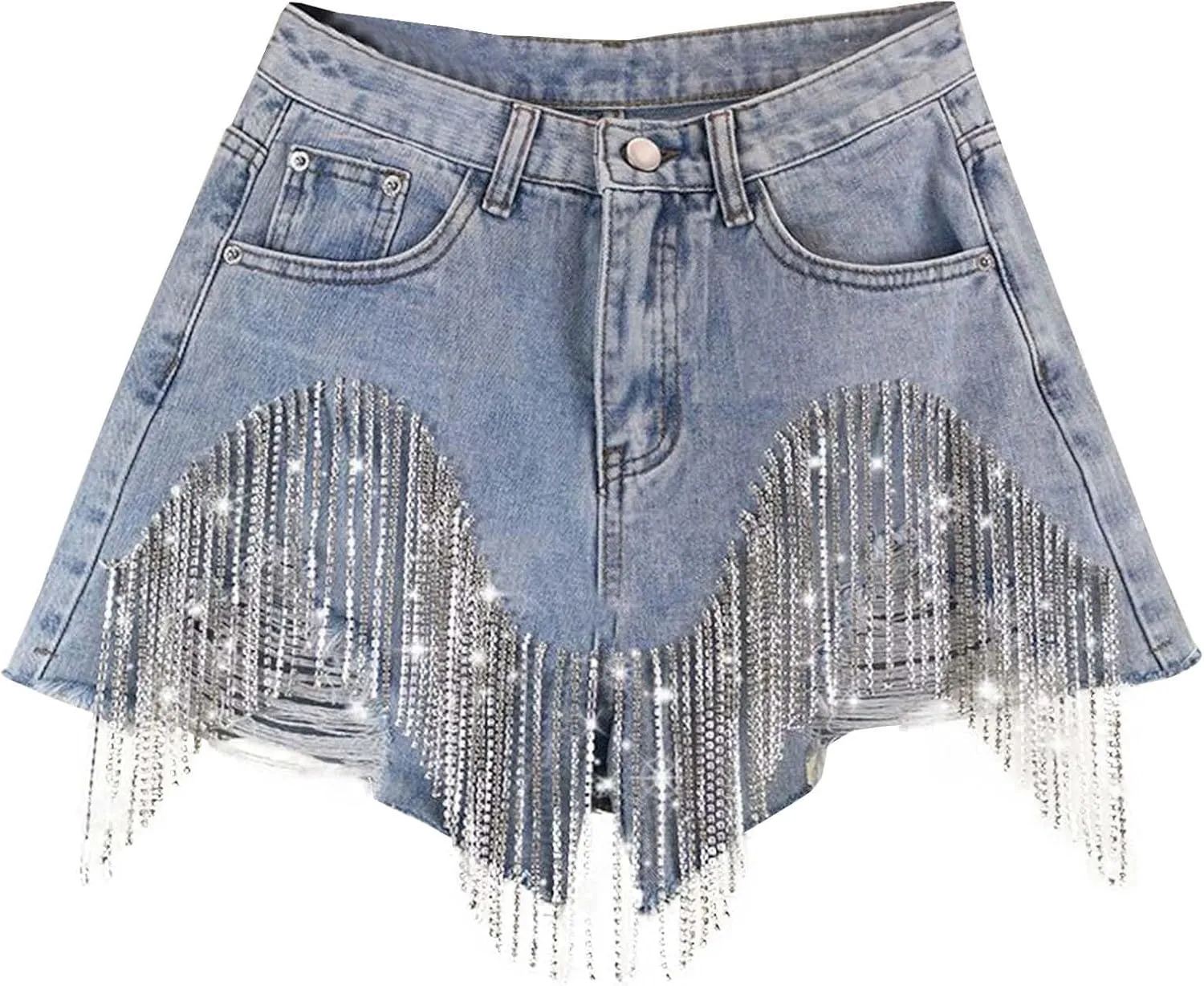Jean Shorts Womens High Waisted Ripped Rhinestone Pearl Beaded Fringe Tassel Denim Shorts Raw Hem Frayed with Pockets