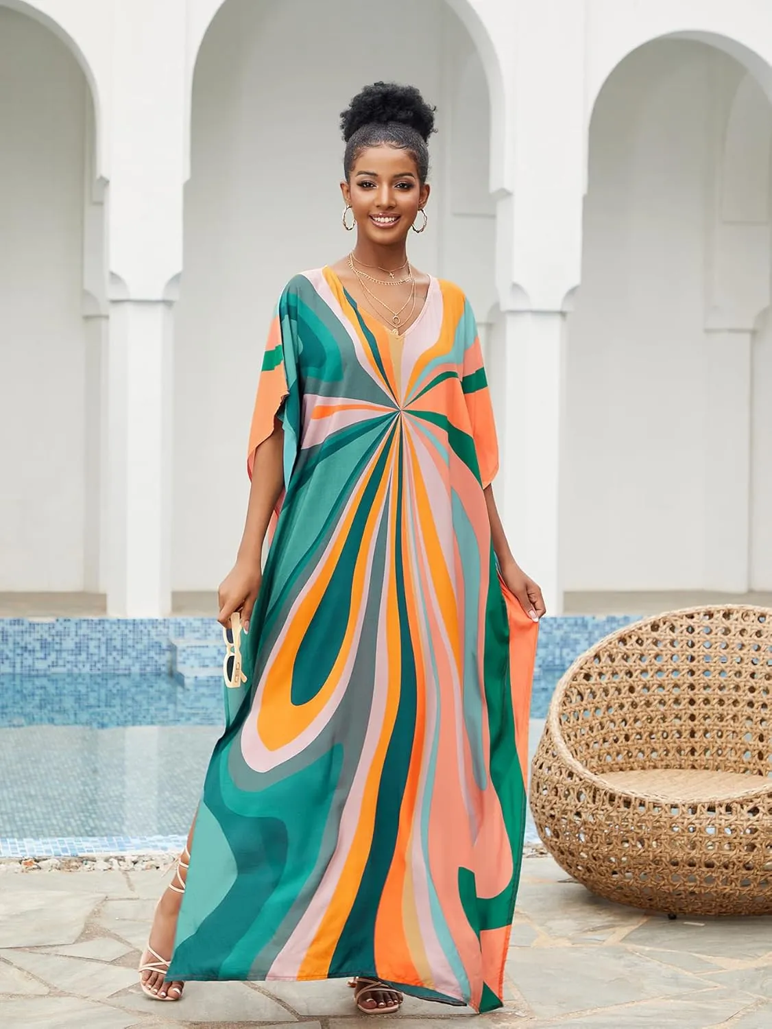 kaftan dresses for women Ethnic Print Kaftan Beach Dress Plus Size Swimsuit Cover Up
