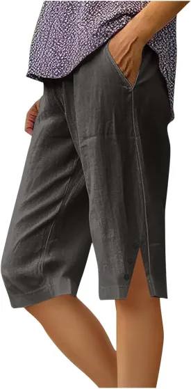 Linen Shorts for Women Knee Length Bermuda Short Loose Fit Elastic Waist Casual Summer Capri Pants with Pockets