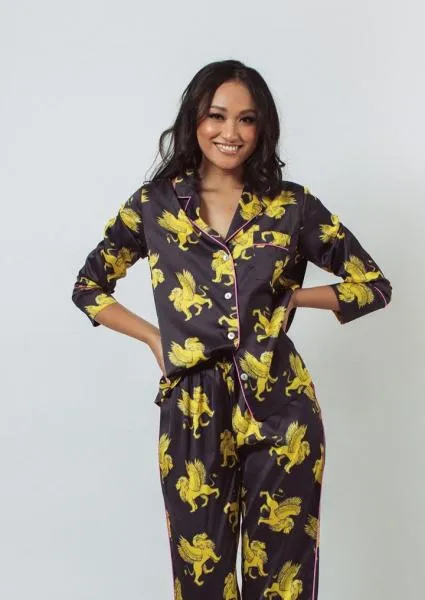 Lioness Print Long Pajama Set - Black -