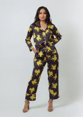 Lioness Print Long Pajama Set - Black -