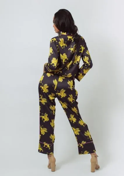 Lioness Print Long Pajama Set - Black -