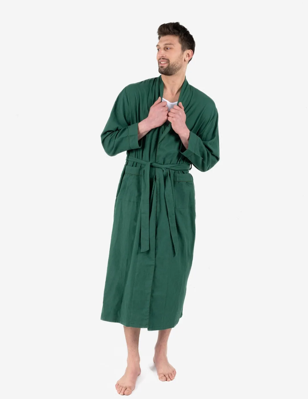 Men's Green Solid Color Flannel Robe