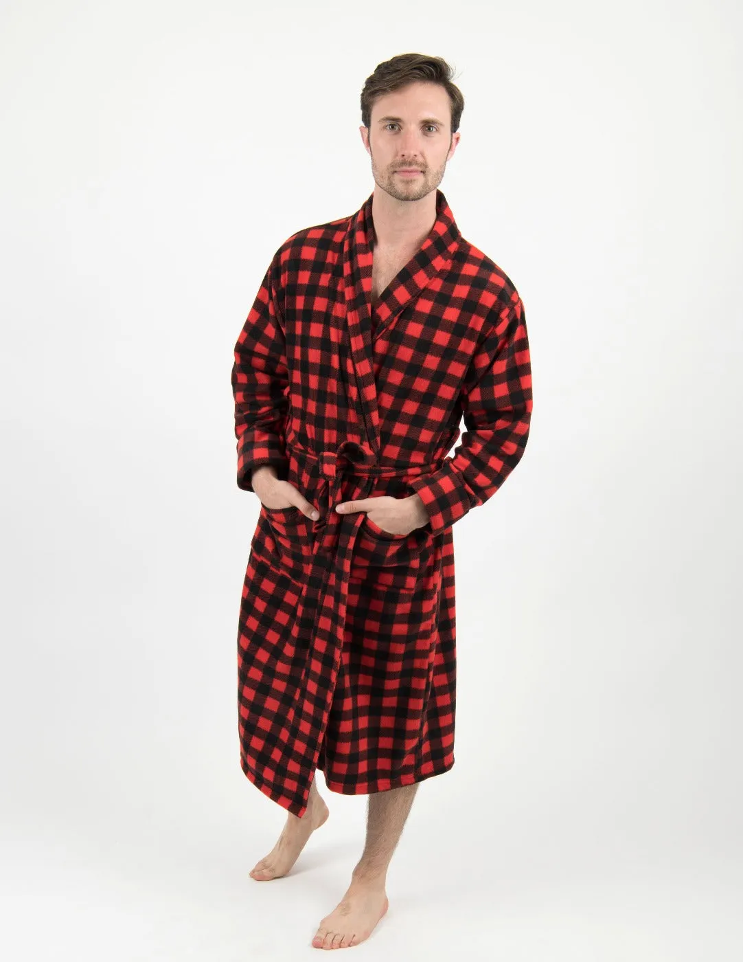 Mens Red & Black Plaid Fleece Robe