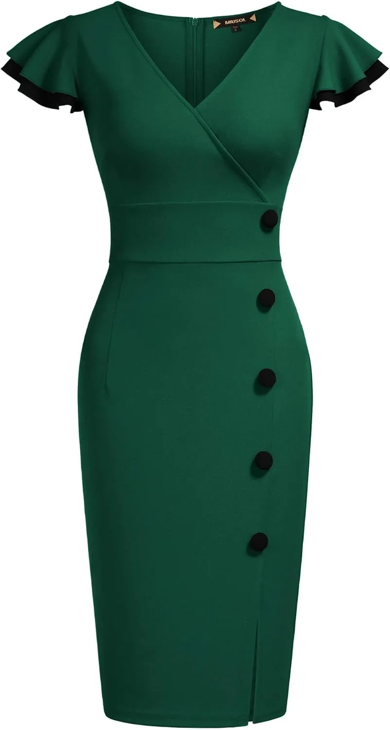 Miusol Women's Navy Style Deep-V Neck Vintage Evening Pencil Dress