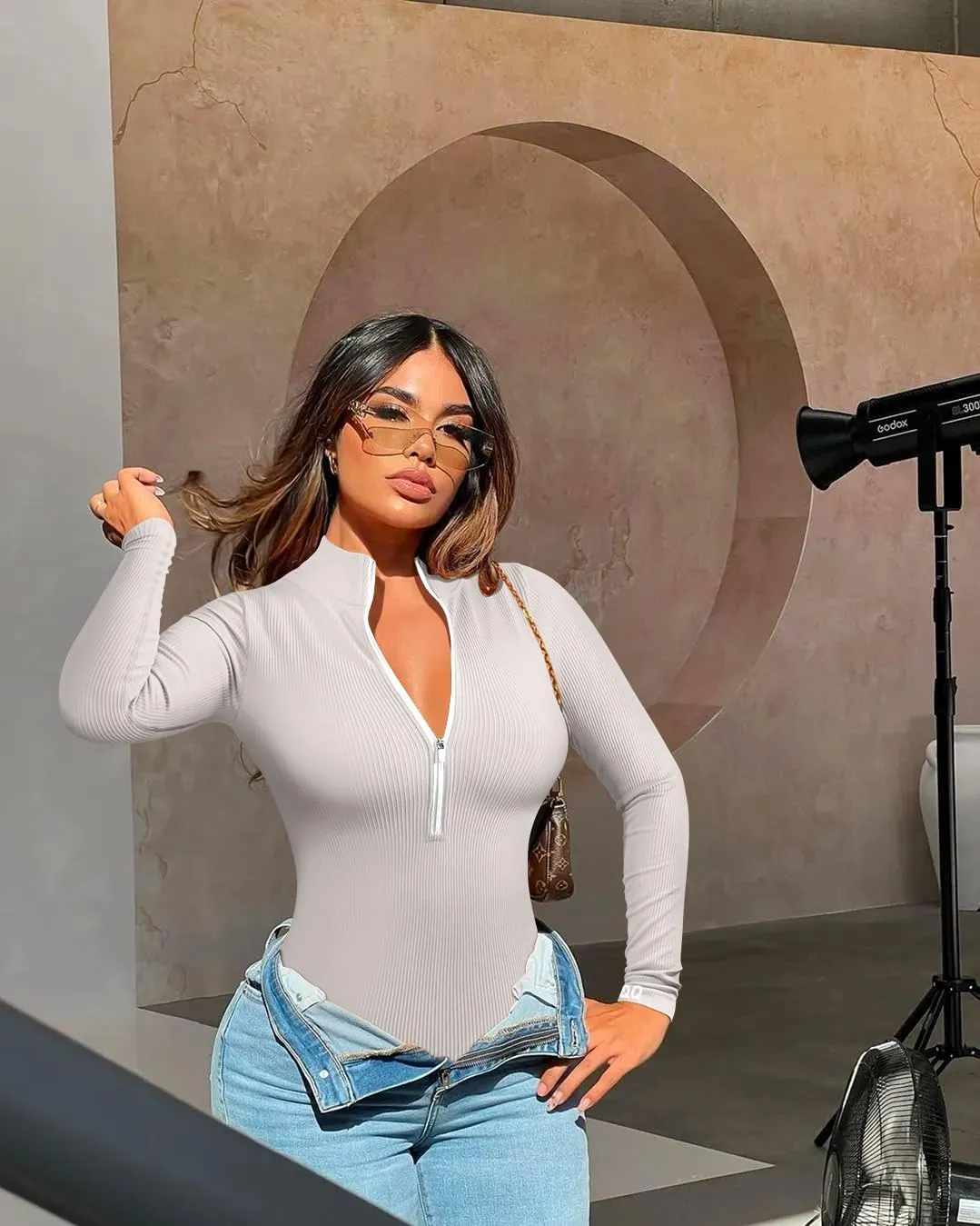 OQQ Women's 2 Piece Bodysuits Sexy Ribbed One Piece Zip Front Long Sleeve Tops Bodysuits
