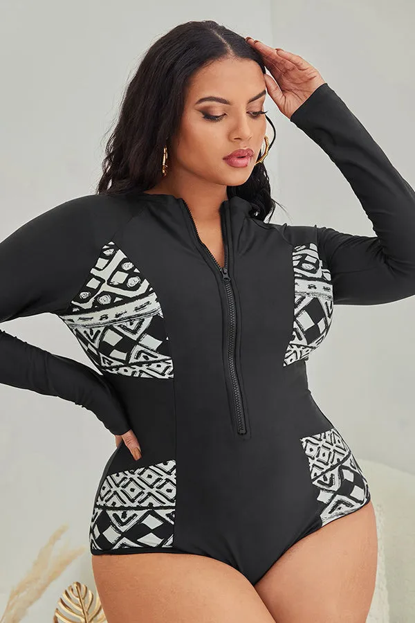 Plus Geometric Prints Zipper Front One Piece Swimsuit UPF50  Rash Guard
