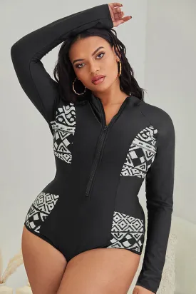 Plus Geometric Prints Zipper Front One Piece Swimsuit UPF50  Rash Guard