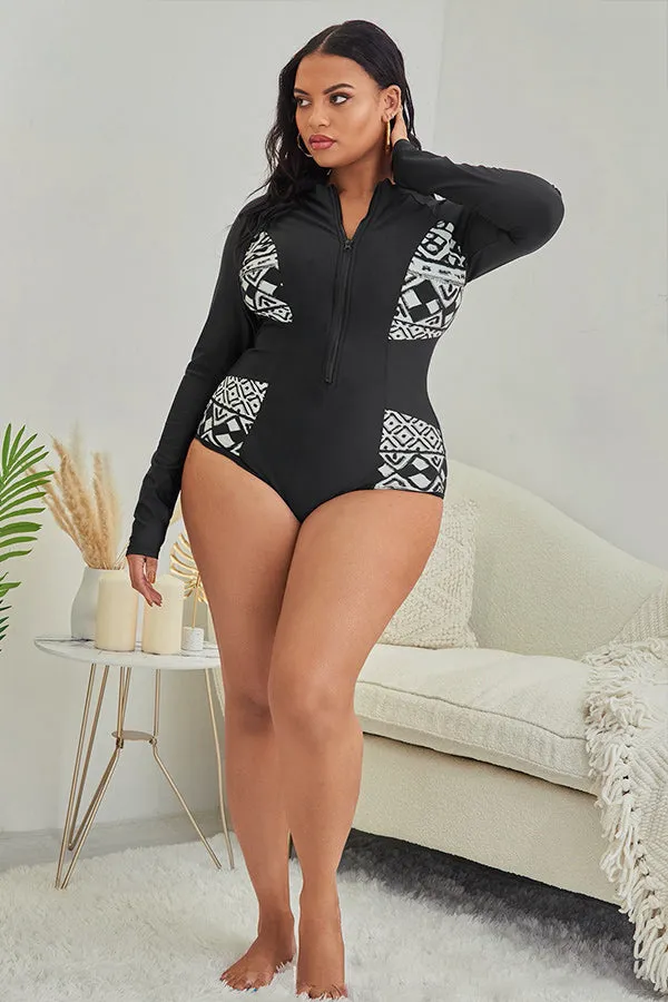 Plus Geometric Prints Zipper Front One Piece Swimsuit UPF50  Rash Guard