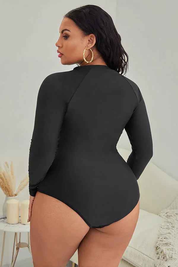Plus Geometric Prints Zipper Front One Piece Swimsuit UPF50  Rash Guard