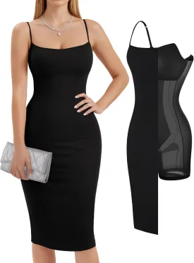 Popilush Summer Midi Dresses for Women - Bodycon Cocktail Party Graduation Shapewear Dress with Built-in Bra