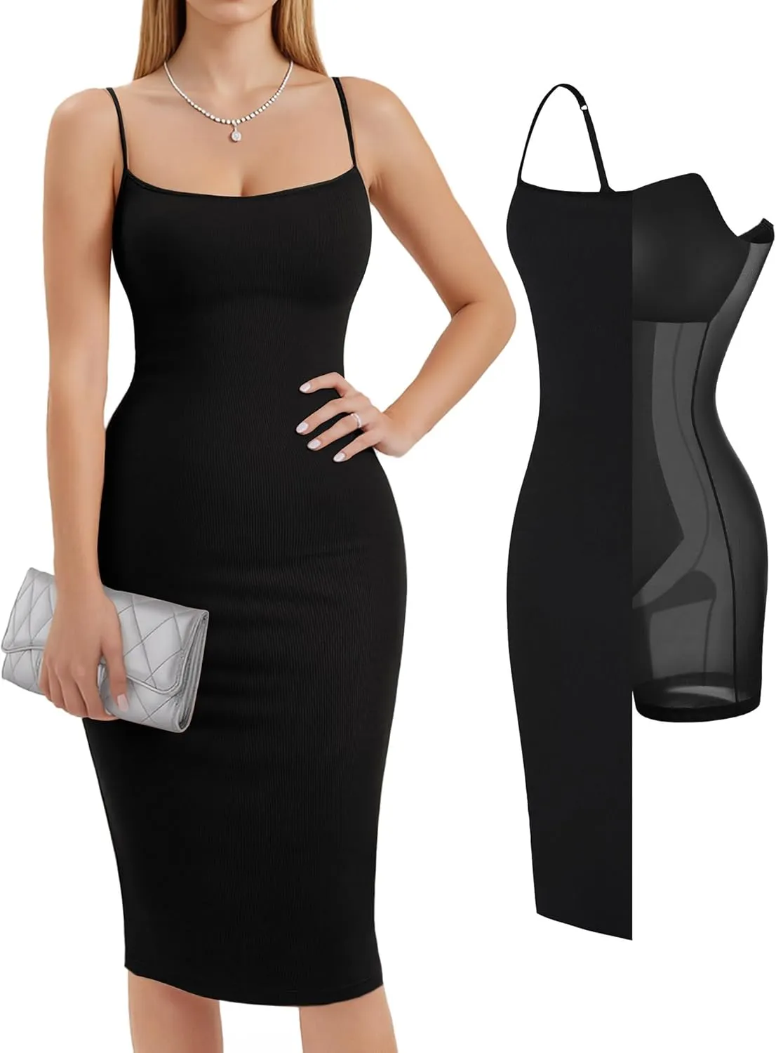 Popilush Summer Midi Dresses for Women - Bodycon Cocktail Party Graduation Shapewear Dress with Built-in Bra