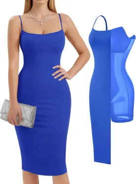 Popilush Summer Midi Dresses for Women - Bodycon Cocktail Party Graduation Shapewear Dress with Built-in Bra