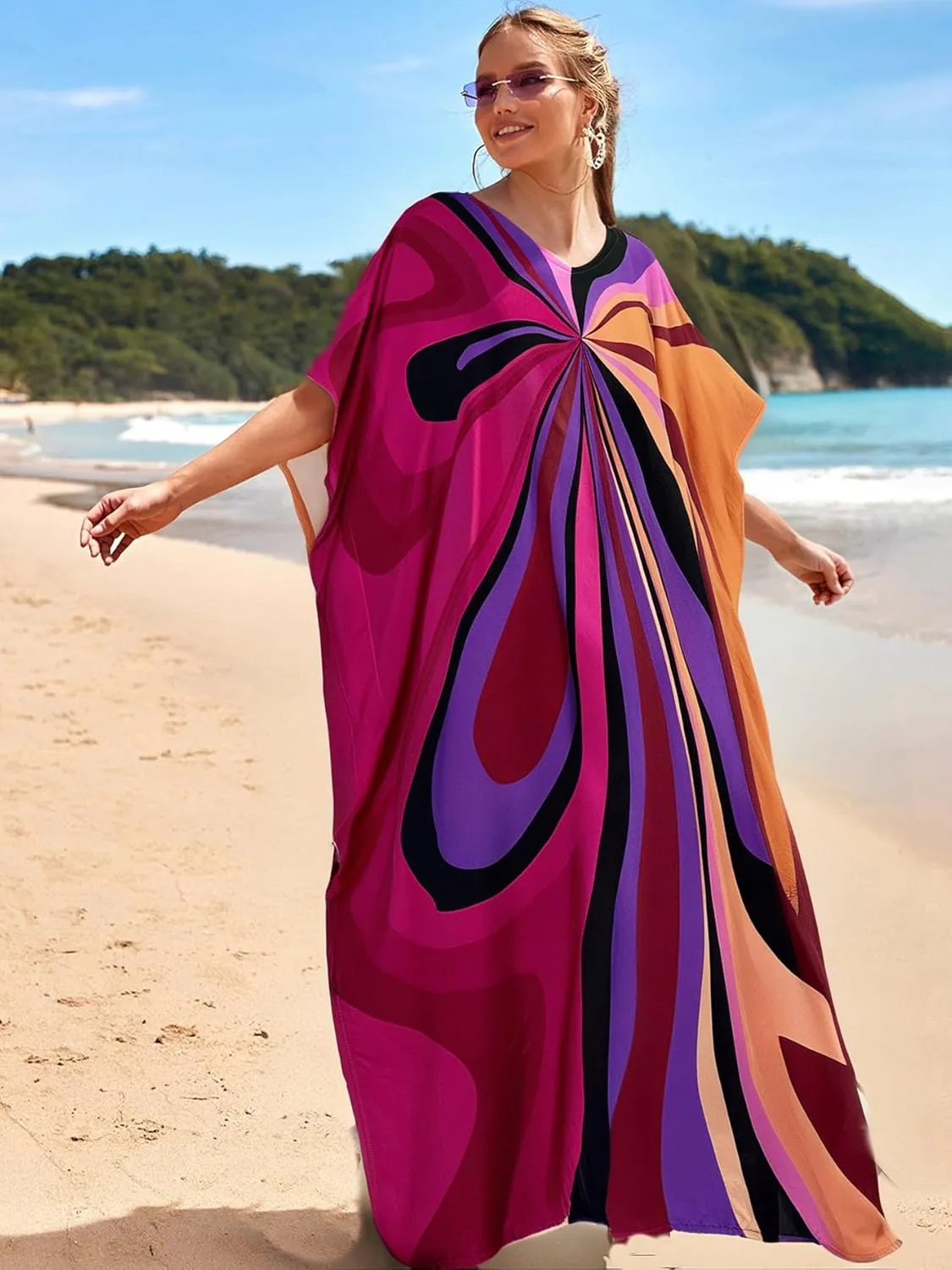 RanRui Floral Print Kaftan Dresses for Women Ethnic Boho Print Swim Cover up Batwing Sleeve Vneck Caftans
