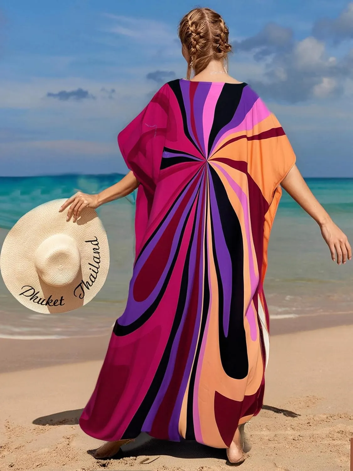 RanRui Floral Print Kaftan Dresses for Women Ethnic Boho Print Swim Cover up Batwing Sleeve Vneck Caftans