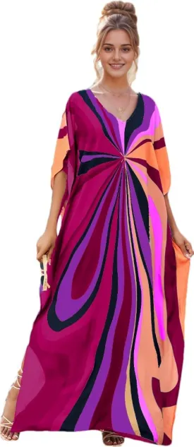 RanRui Floral Print Kaftan Dresses for Women Ethnic Boho Print Swim Cover up Batwing Sleeve Vneck Caftans