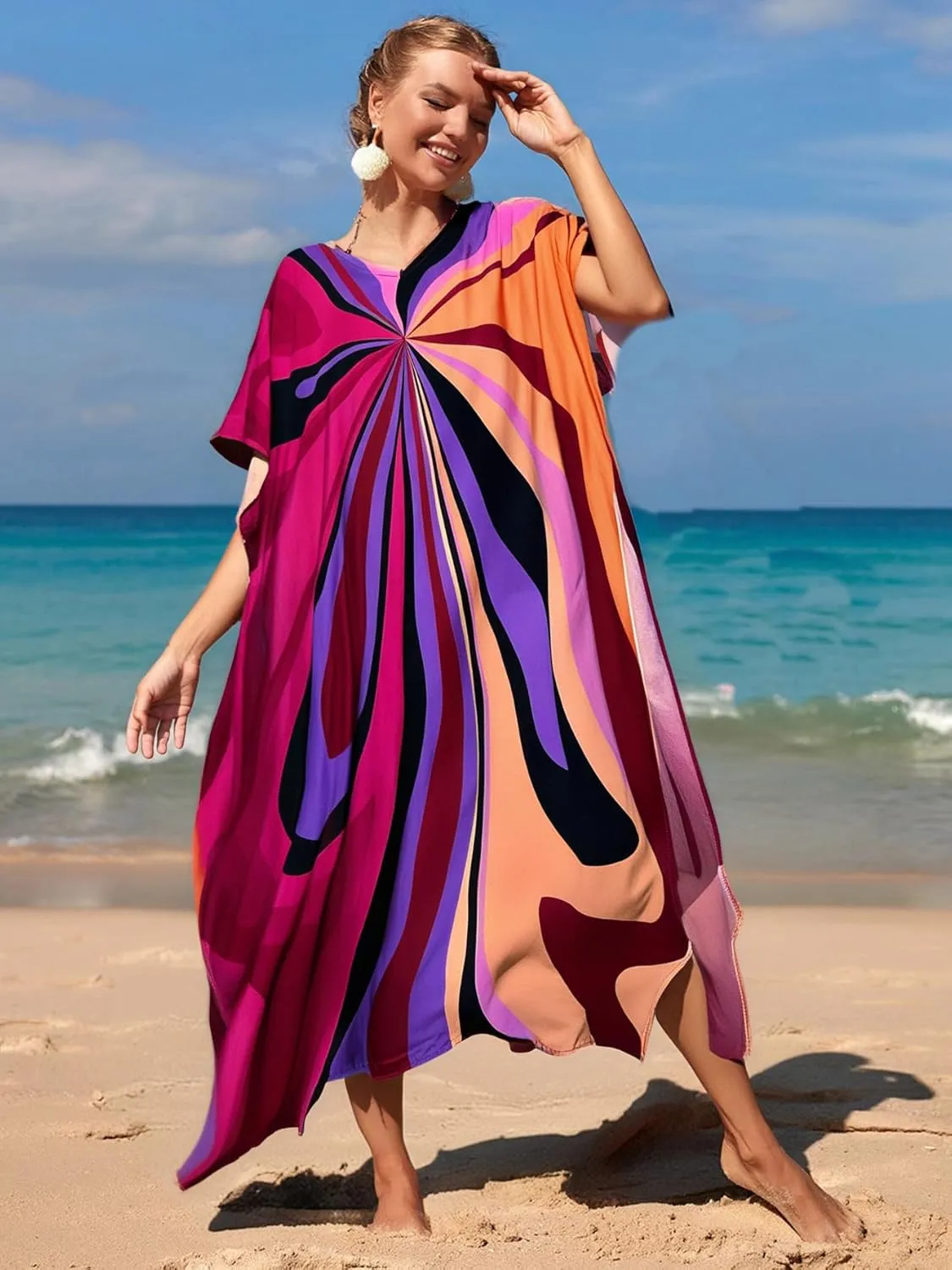 RanRui Floral Print Kaftan Dresses for Women Ethnic Boho Print Swim Cover up Batwing Sleeve Vneck Caftans