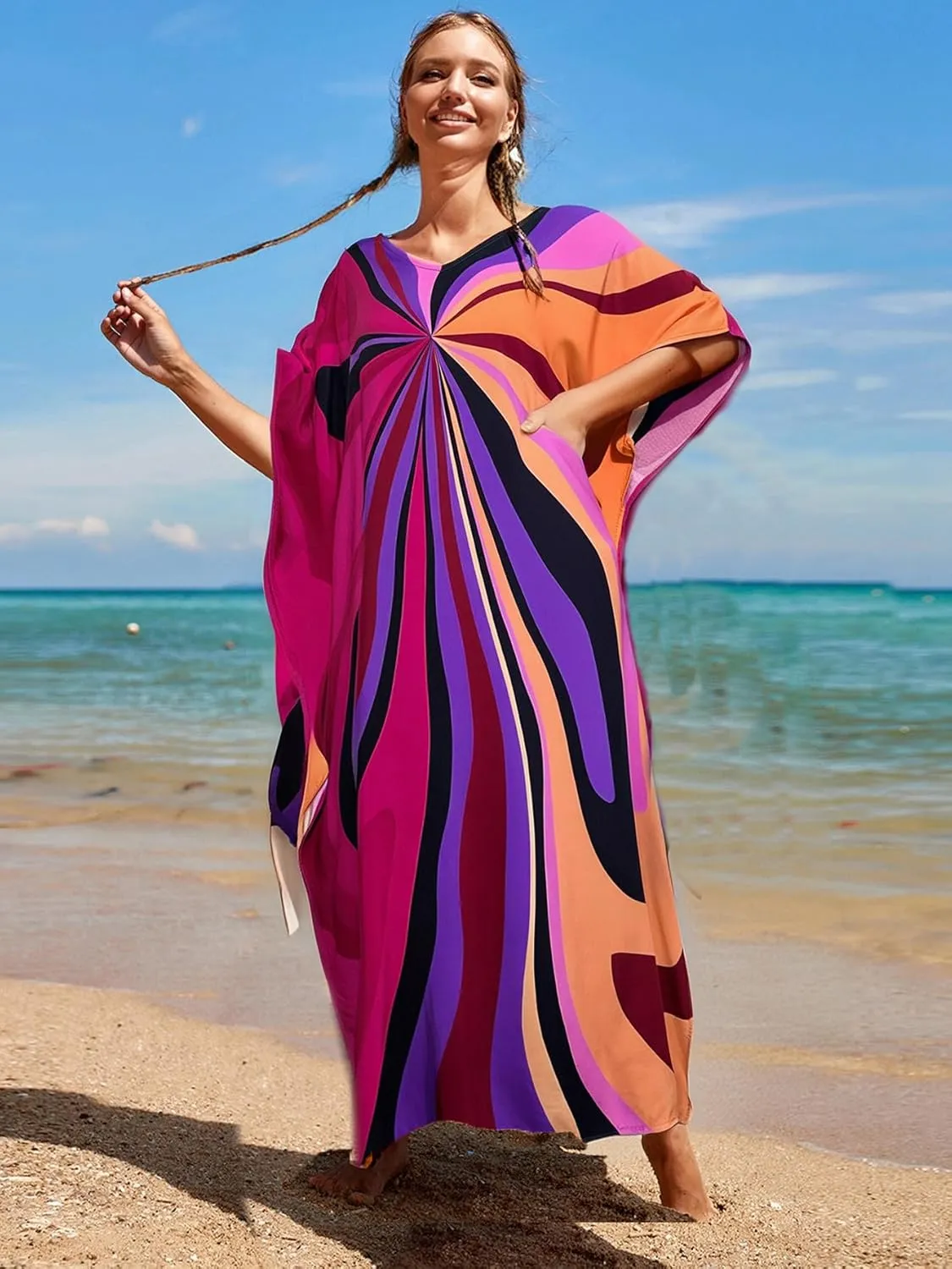 RanRui Floral Print Kaftan Dresses for Women Ethnic Boho Print Swim Cover up Batwing Sleeve Vneck Caftans