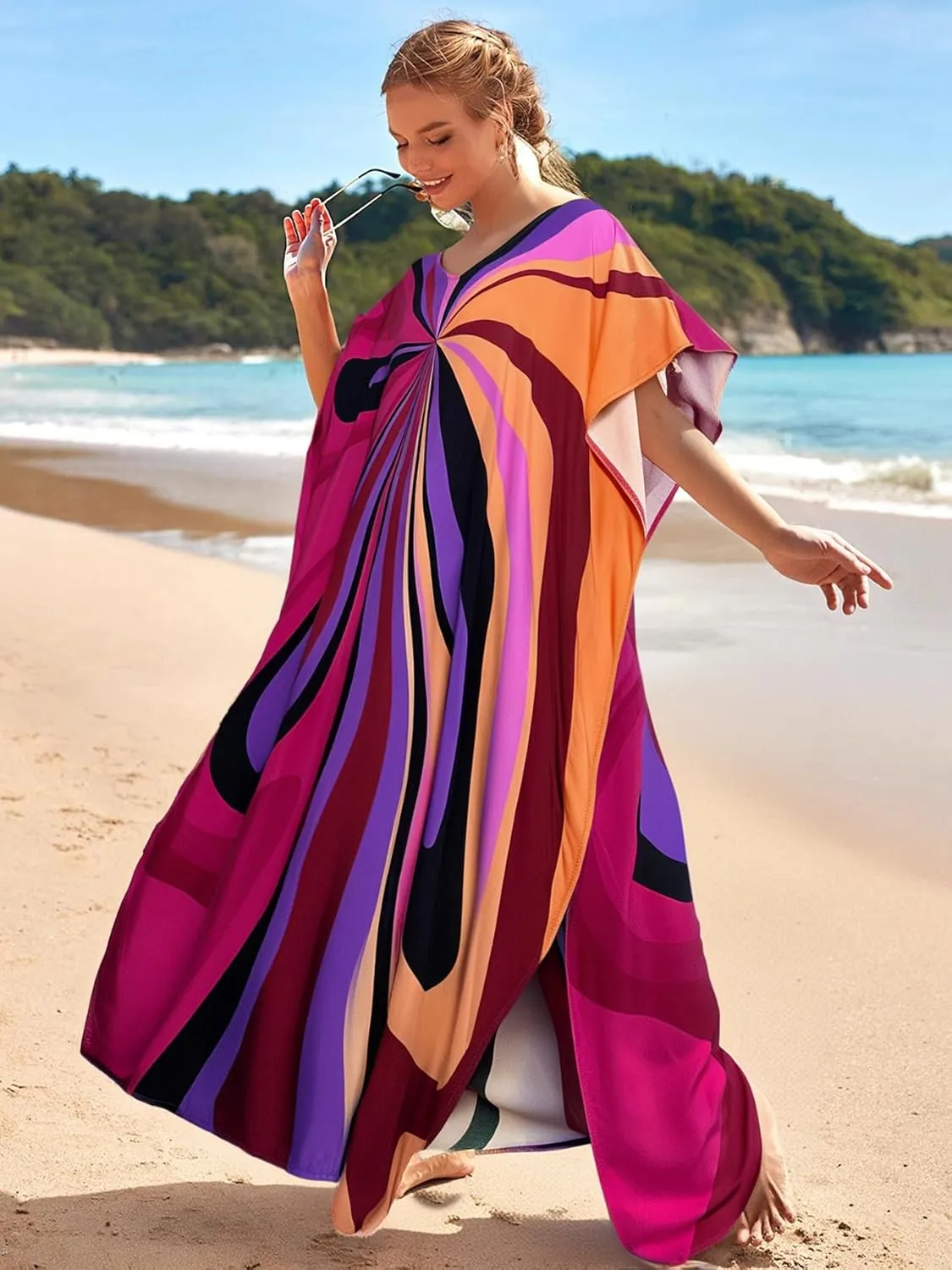 RanRui Floral Print Kaftan Dresses for Women Ethnic Boho Print Swim Cover up Batwing Sleeve Vneck Caftans