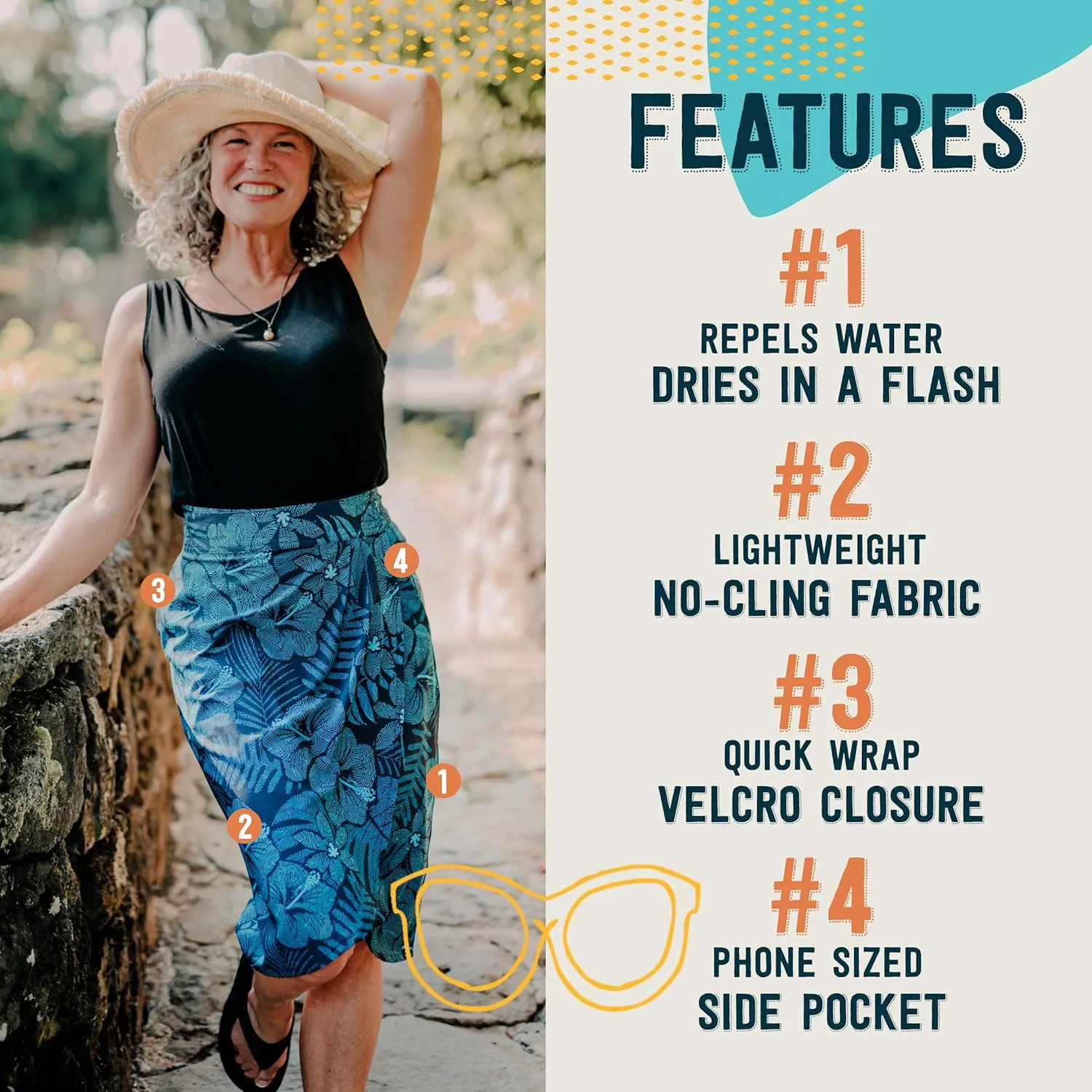 RipSkirt Hawaii Length 3 - Wrap Skirt for Women - Quick Dry Swim Cover-Up for Beach, Travel with Pocket