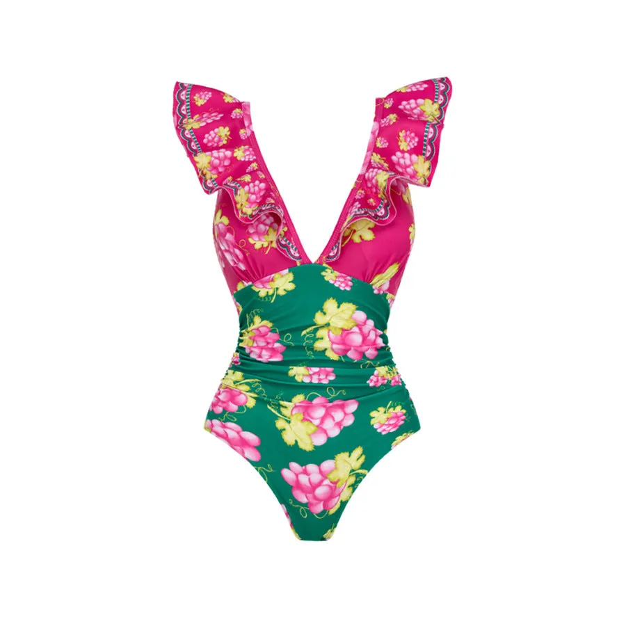 Ruffled Deep V Print One Piece Swimsuit