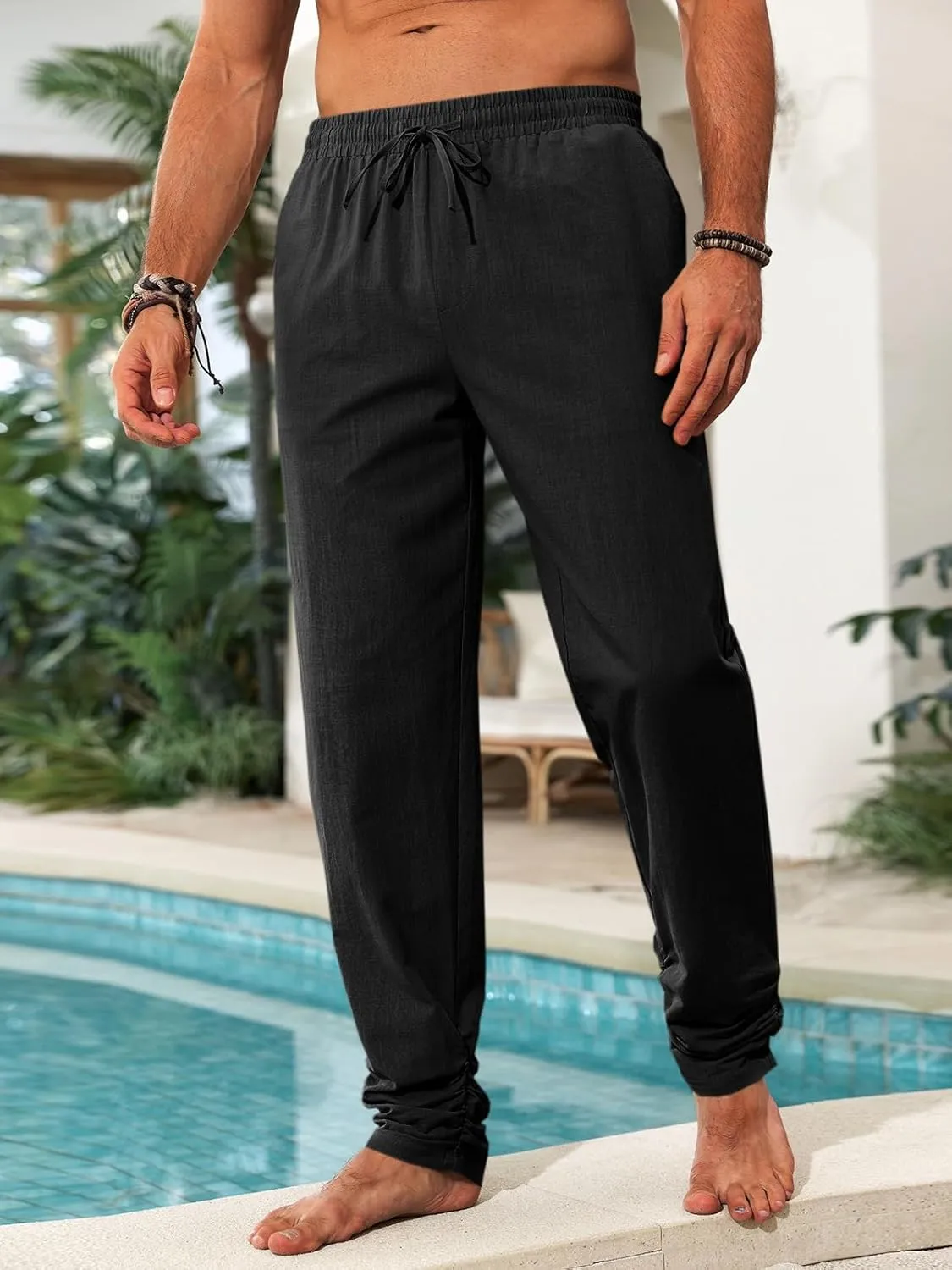 Runcati Mens Kaftan Thobe Pants Cotton Casual Elastic Waist Drawstring Muslim Trousers Summer Yoga Kurta Pants with Pockets