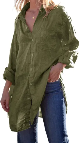 Runcati Womens Button Down Shirts Linen Cotton Long Sleeve Blouse Tunic Tops Cover Up Shirt Loose Beach Bikini Dress