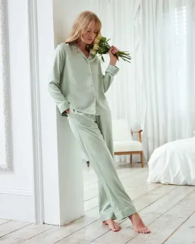 Sage Satin Lace Trim Long Pyjama Set