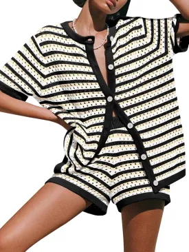 Saodimallsu Womens Crochet Swimsuit Coverup Summer Beach Sets Striped Knit Short Sleeve Button Shirts 2 Piece Short Set