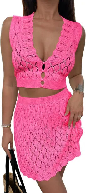 Saodimallsu Womens Two Piece Crochet Swimsuit Cover Ups Sleeveless V Neck Crop Tops Skirt Sets Beach Vacation Outfits