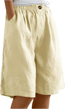 Shorts for Women 2025 Summer Casual Knee Lenght Capri Pants Button Elastic Waist Wide Leg Bermuda Short