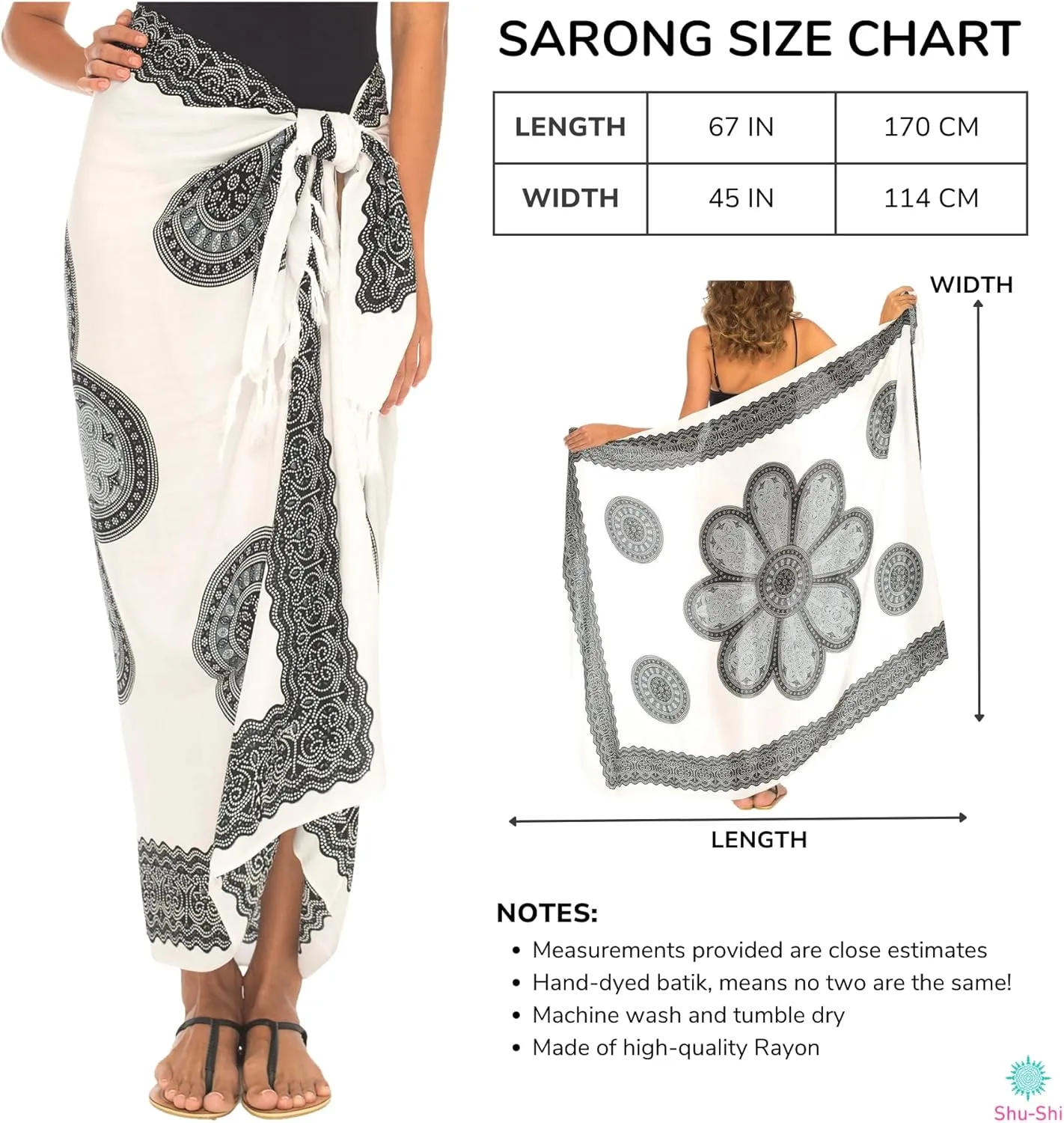 SHU-SHI Womens Beach Swimsuit Cover Up Flower Sarong Wrap with Coconut Clip