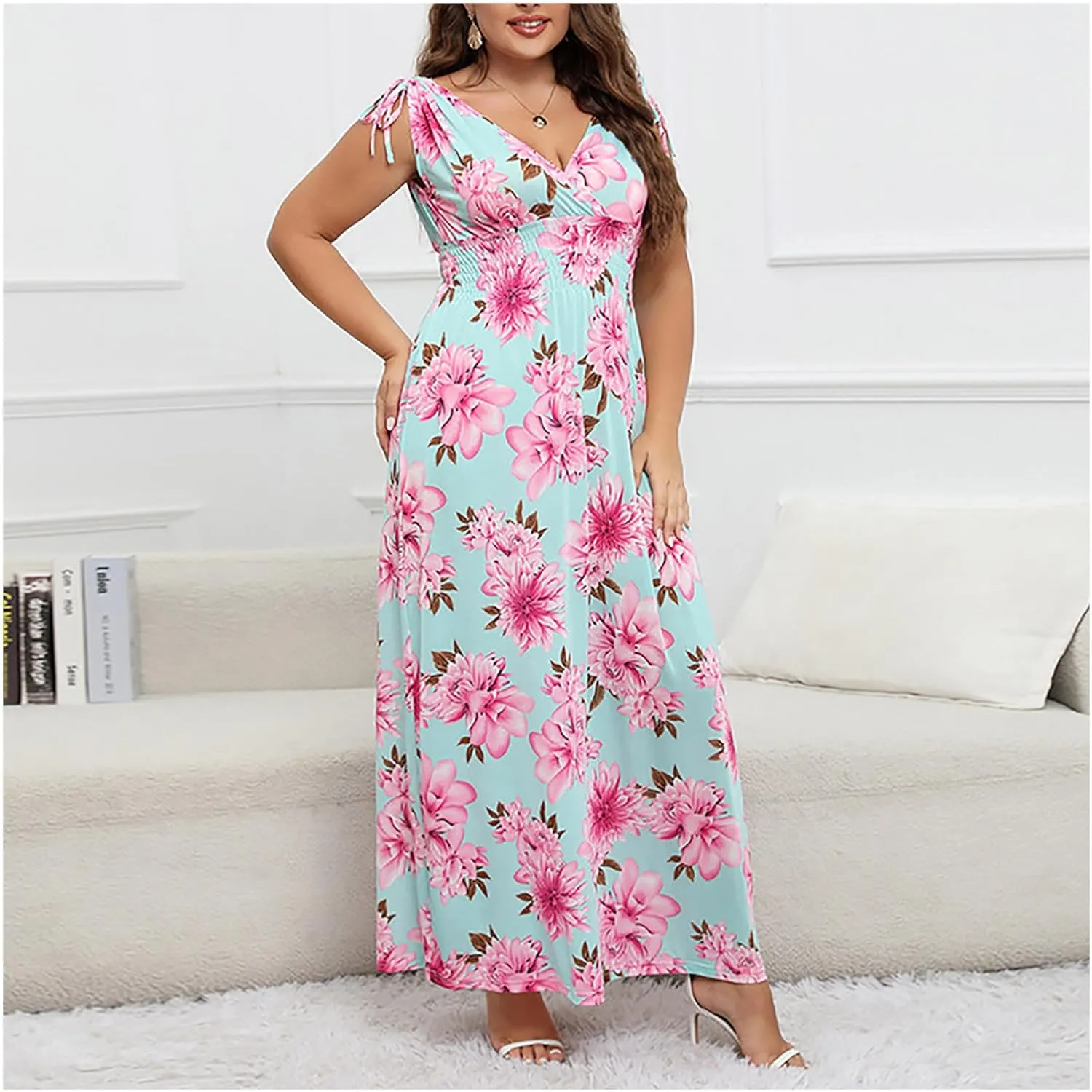 Summer Floral Maxi Dresses for Women Elegant V-Neck Short Sleeve Sundress Comfy Tiered Flowy Hem Midi Dress for Ladies