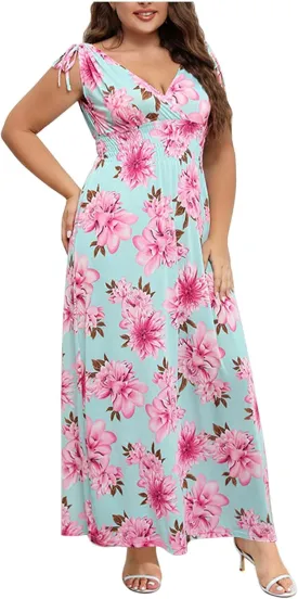 Summer Floral Maxi Dresses for Women Elegant V-Neck Short Sleeve Sundress Comfy Tiered Flowy Hem Midi Dress for Ladies
