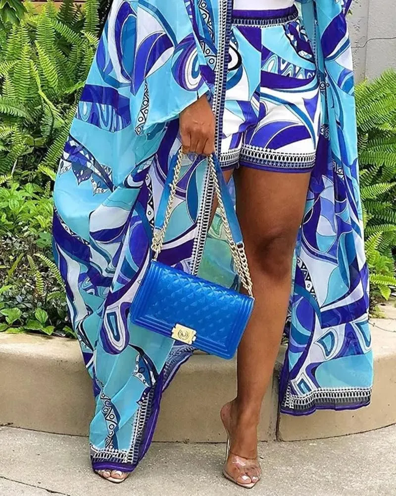 Two Piece Vacation Outfits for Women Sexy Beach Cover Up Long Sleeve Open Front Cardigan Shorts