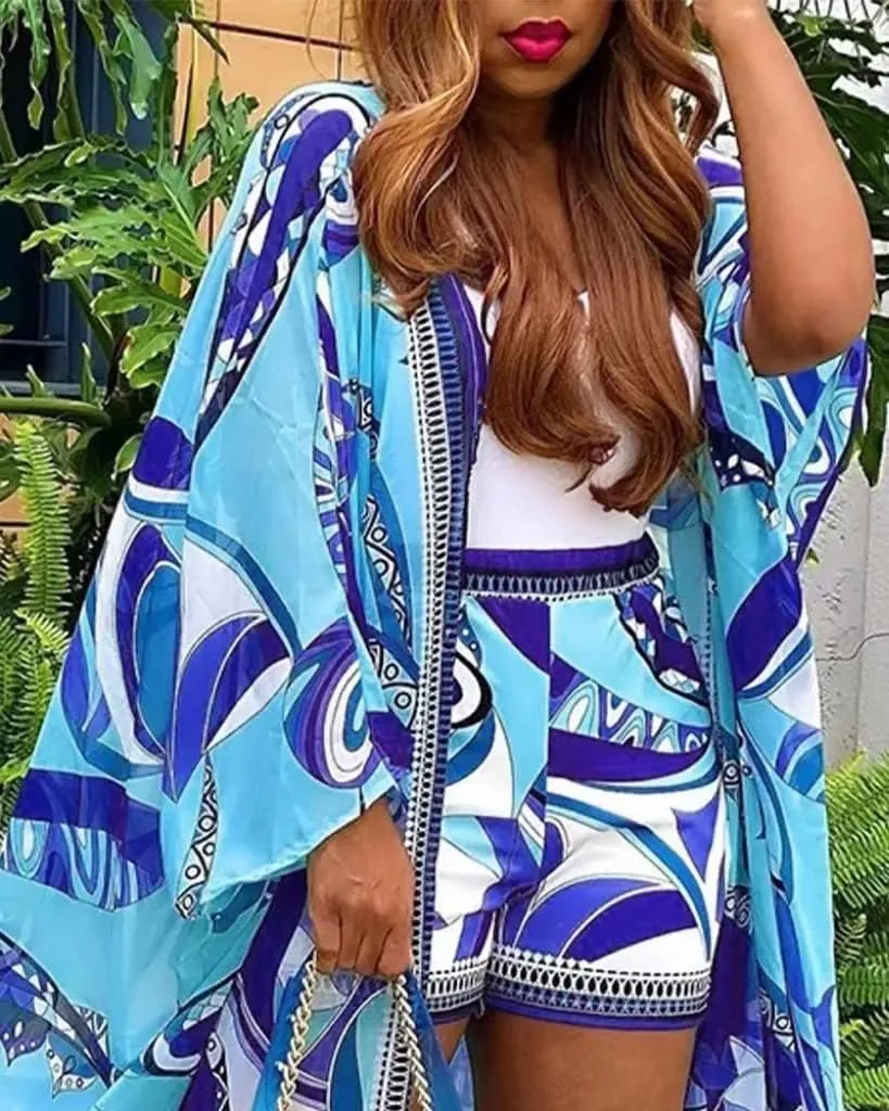 Two Piece Vacation Outfits for Women Sexy Beach Cover Up Long Sleeve Open Front Cardigan Shorts
