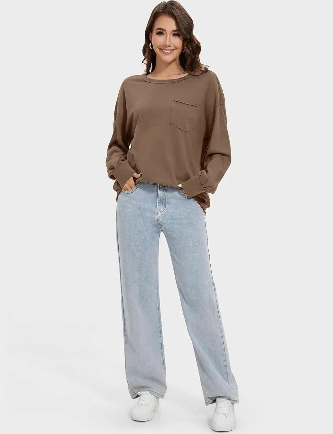 UEU Womens Long Sleeve Tops Crew Neck Casual Oversized Cotton Shirts Blouses Tshirt Tee 2024 Fall Trendy Clothes with Pockets