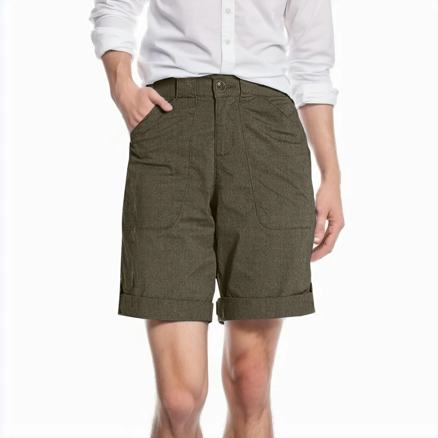 Women Bermuda Shorts Summer Comfy Casual High Waist Baggy Cargo Shorts Button Elastic Waist Wide Leg with Pockets
