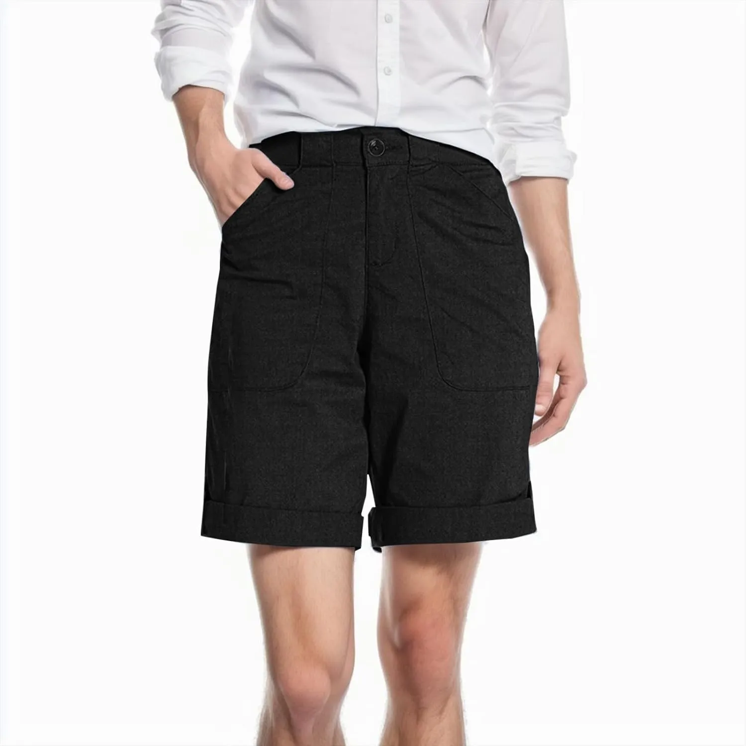 Women Bermuda Shorts Summer Comfy Casual High Waist Baggy Cargo Shorts Button Elastic Waist Wide Leg with Pockets