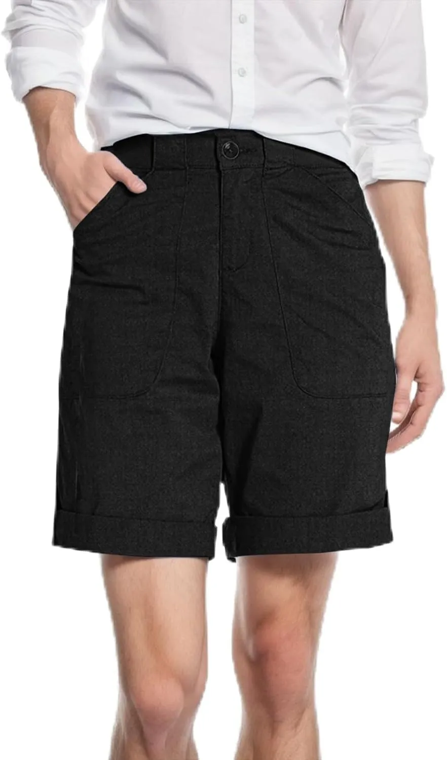 Women Bermuda Shorts Summer Comfy Casual High Waist Baggy Cargo Shorts Button Elastic Waist Wide Leg with Pockets