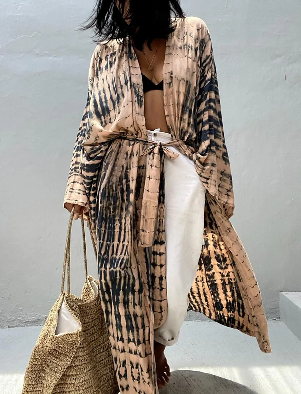 Women's Beach Cover Ups Open Front Tie Dye Maxi Cardigan Kimono Swimsuit with Belts