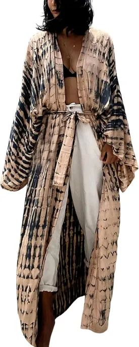 Women's Beach Cover Ups Open Front Tie Dye Maxi Cardigan Kimono Swimsuit with Belts