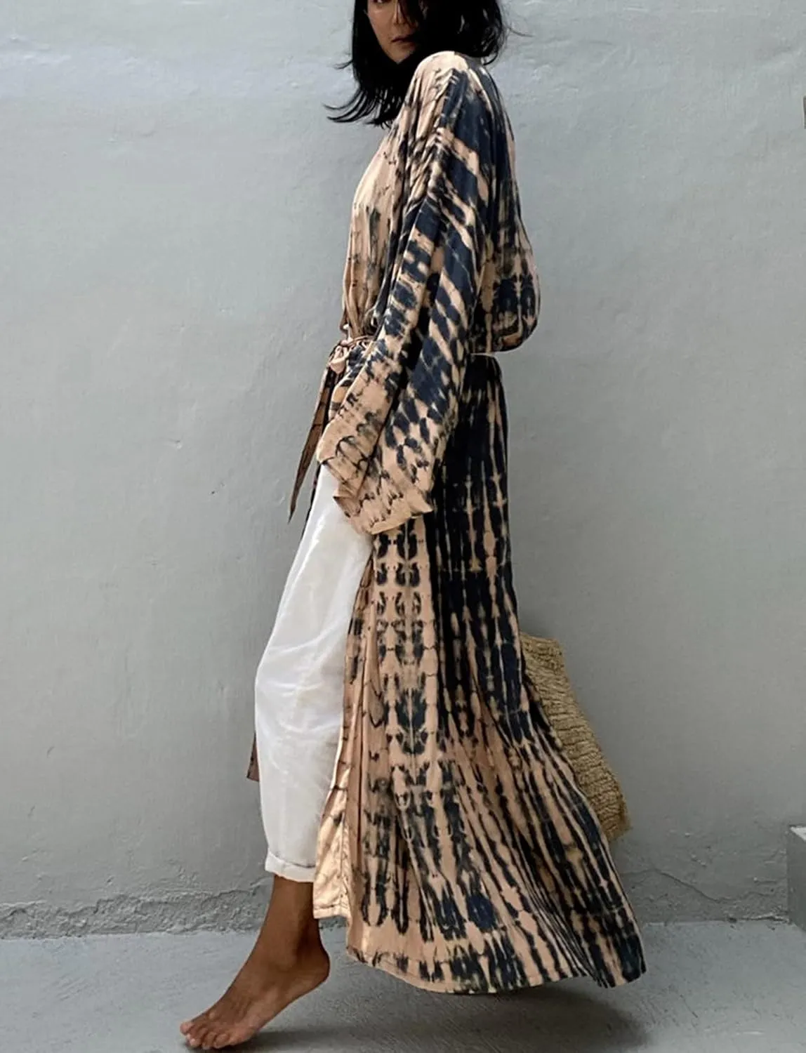 Women's Beach Cover Ups Open Front Tie Dye Maxi Cardigan Kimono Swimsuit with Belts