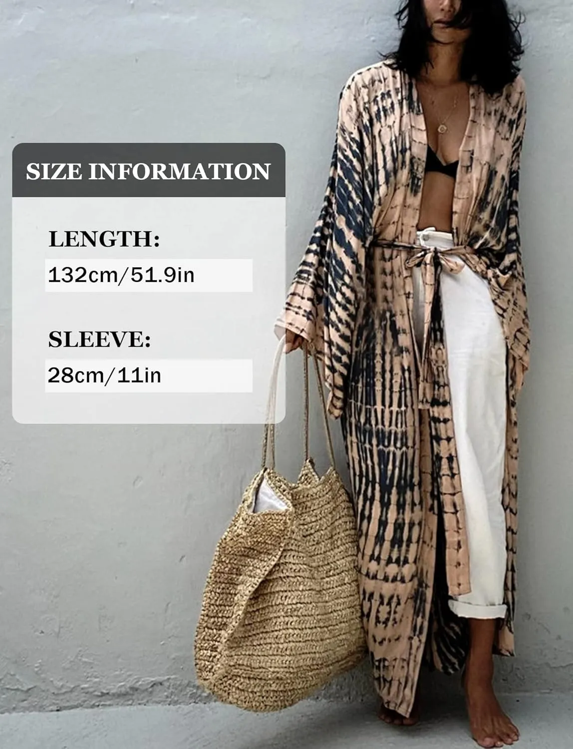 Women's Beach Cover Ups Open Front Tie Dye Maxi Cardigan Kimono Swimsuit with Belts