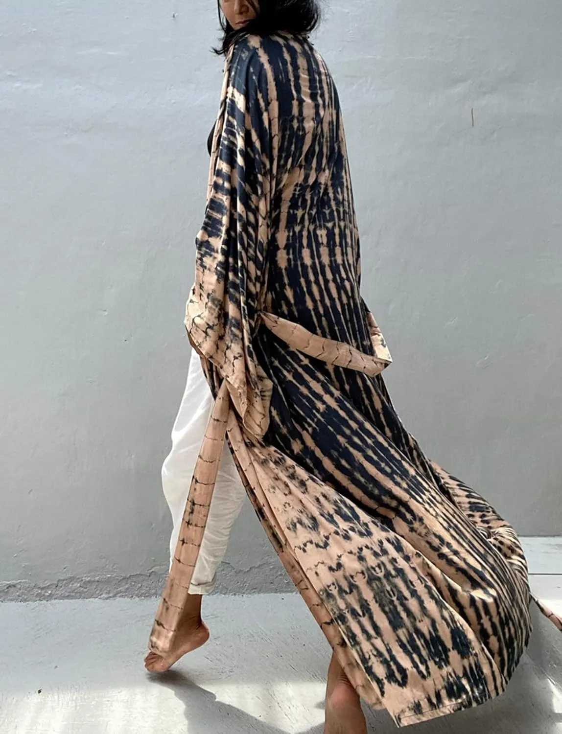 Women's Beach Cover Ups Open Front Tie Dye Maxi Cardigan Kimono Swimsuit with Belts