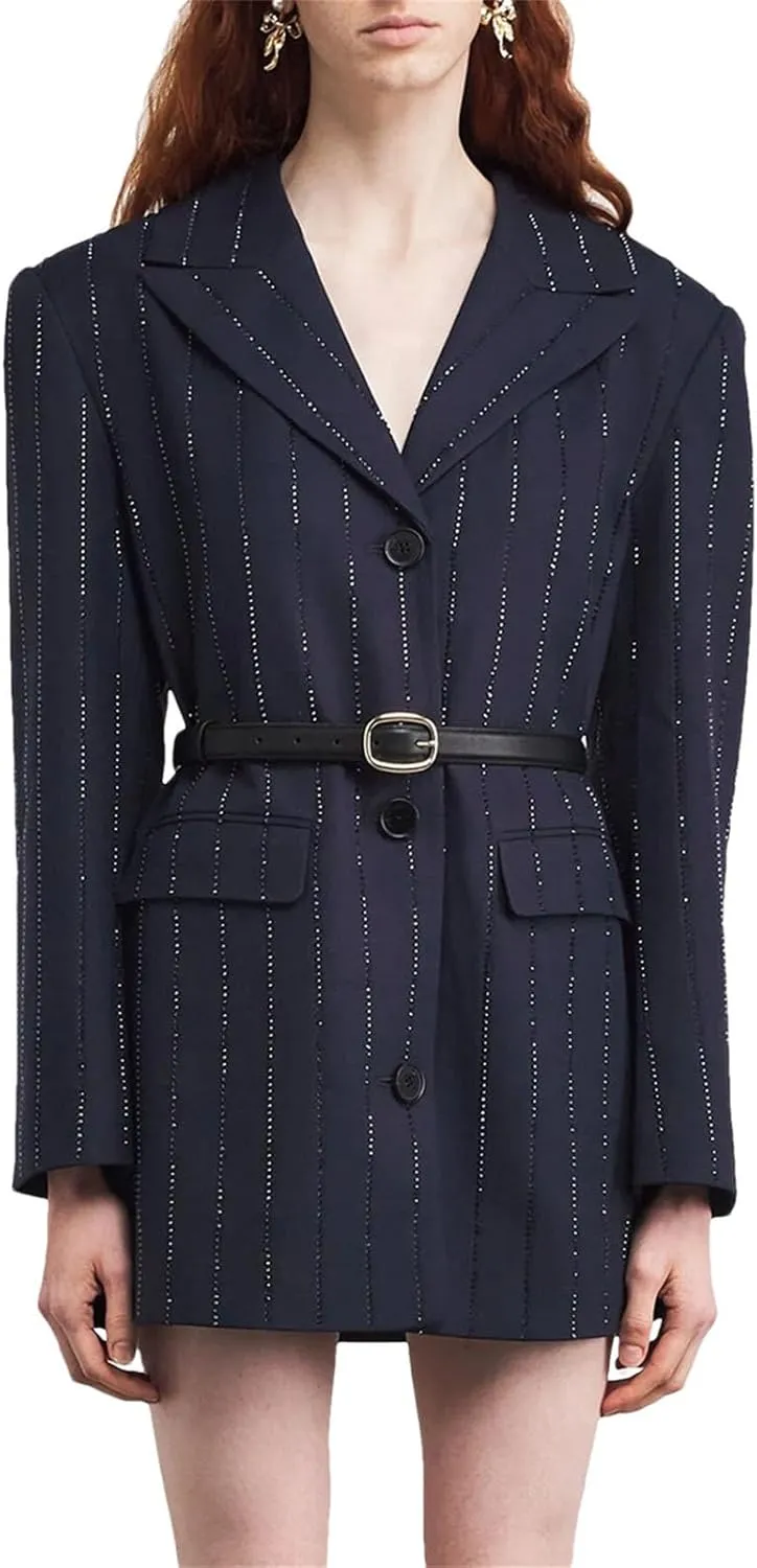 Women's Belted Patchwork Dress - Lapel Long Sleeve High Waist Loose Fit Design