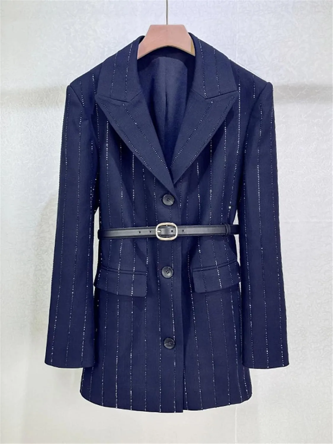 Women's Belted Patchwork Dress - Lapel Long Sleeve High Waist Loose Fit Design